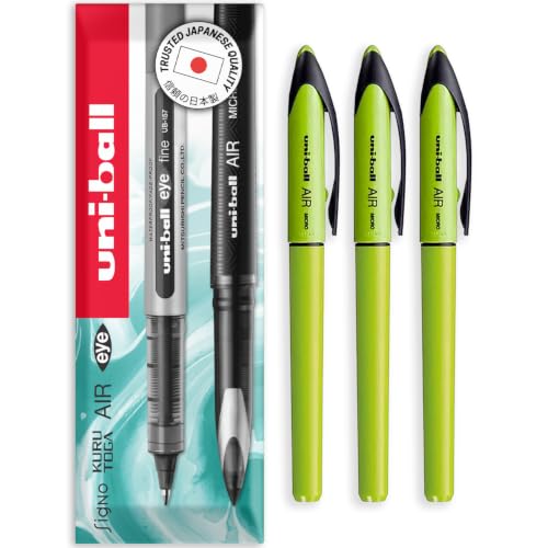 Image of uni-ball AIR Micro - 0.5mm Fine Rollerball - Blue Ink - Green Barrel - Pack of 3 - In Gift Box
