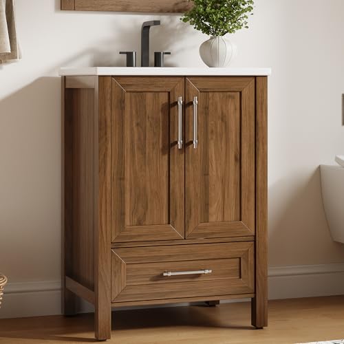 Garvee 24" Bathroom Vanity with Sink, Freestanding Bathroom Sink Cabinet with 2 Soft-Closing Doors & Large Storage Drawer, Wood Vanity Cabinet, Easy Assembly & Cleaning, Walnut