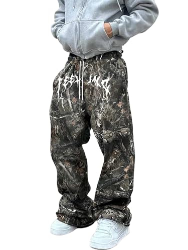 ZAFUL Mens Casual Joggers Sweatpants Drawstring Streetwear Y2K Jungle Camouflage Allover Print Loose Fit Pants