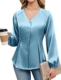 Blooming Jelly Womens Satin Silk Dressy Casual Business Blouse Button Down Long Sleeve Peplum Top Work Shirt Fall Outfit (Turquoise,XL)