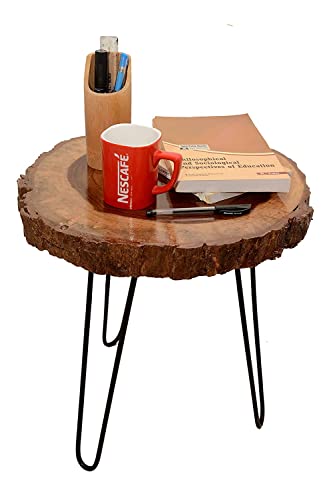 Image of Arico Natural Tree Bark End Table /Coffee Table /Bedside Table with Hairpin Metal Legs (Glossy)