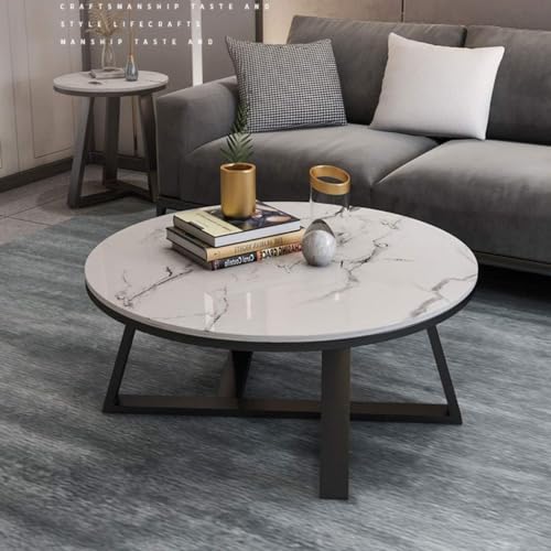 Image of Furniture Cafe Modern Round Coffee Table with White Marble Finish Top and Black Metal Base - Living Room Center Table