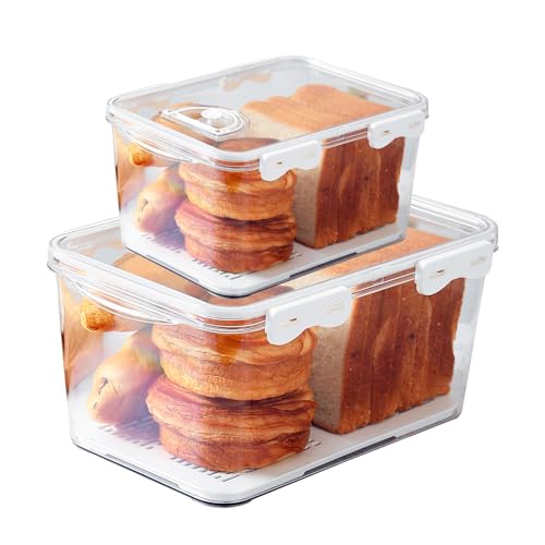 HBPHBP Bread Box for Kitchen Countertop, 2 Pack Airtight Bread Storage Container,Time Recording Bread Holder with Lid,Bread Keeper for Homemade Bread, Toast, Bagel, Donut and Cookies(White)
