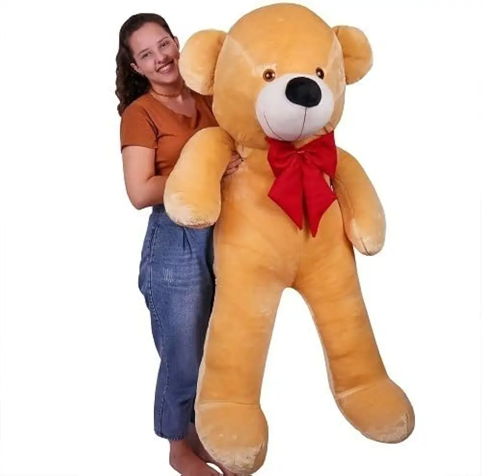Barros Baby Urso de Pelúcia Gigante Teddy Bear com Laço, 110 cm, Doce de Leite com Laço Vermelho