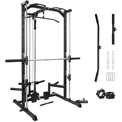 RitFit Smith Machine Power Rack with LAT-Pull Down System, Landmine, Barbell Bar, Plate Storage Pegs and More Training Attachment, 1000 LBS Multifunction Squat Rack for Home Gym, Upgraded 2.0 Cover