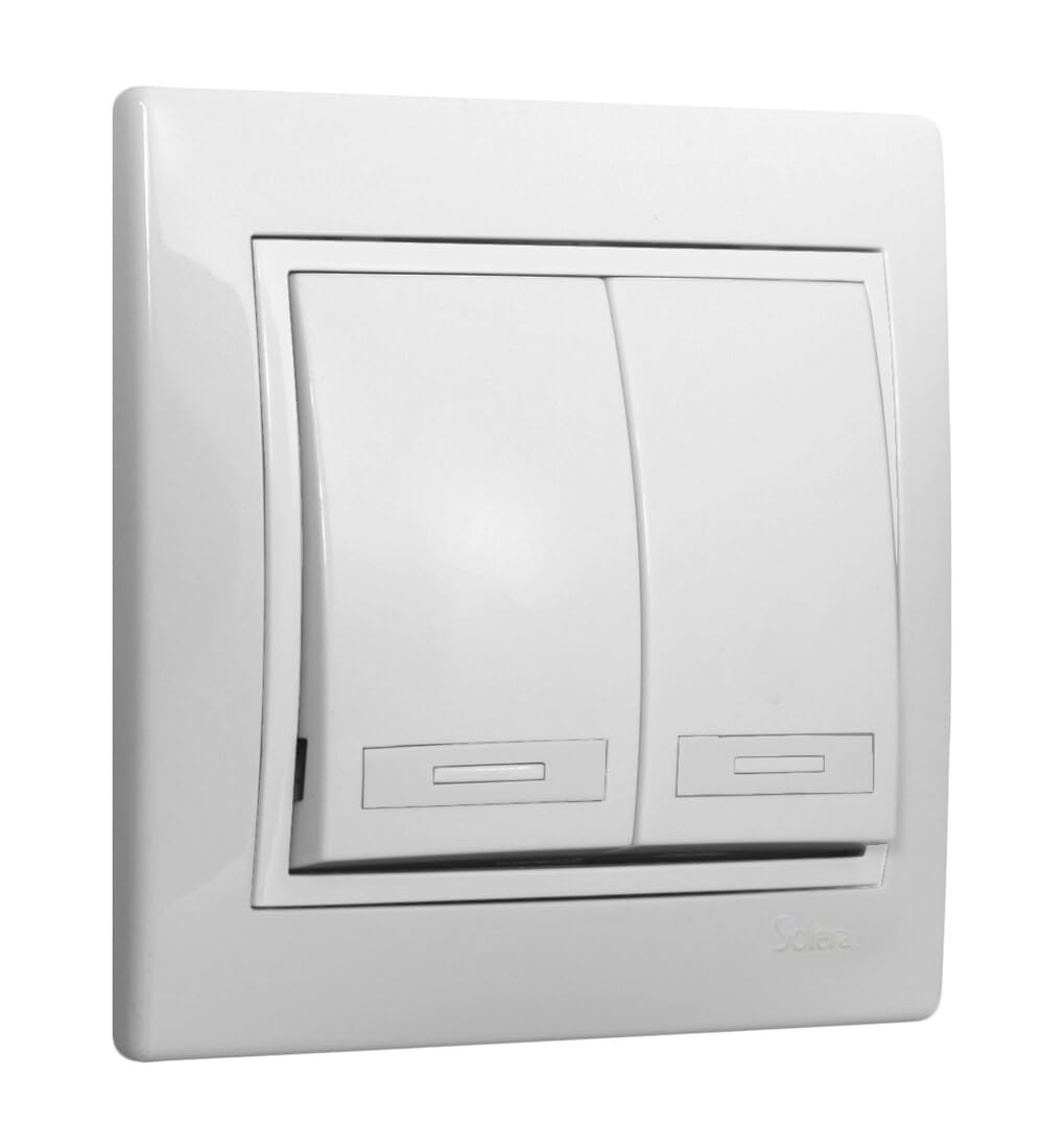 Interruptor doble conmutador blanco, diseño europeo, ideal para controlar diferentes circuitos eléctricos en hogares y oficinas.