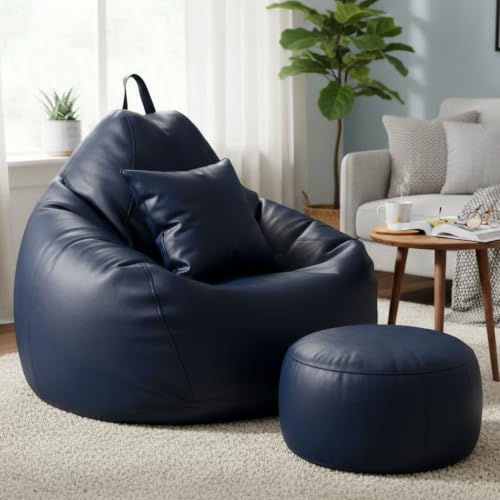 Image of 4XL Bean Bag Chair with Footrest & Cushion | Pre-Filled Beans | PVC Leatherette Lounger Sofa | Indoor & Outdoor Bean Bag with Pocket & Handle | Double Stitching | 6 Months Warranty Color- (Navy Blue)