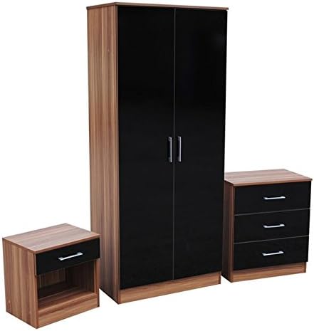 Save On Goods UK Black gloss and Teak wood finish bedside cabinet unit,3 drawer chest of drawers or 2 door wardrobe,robe.Bedroom cabinet furniture (1 Drawer bedside)