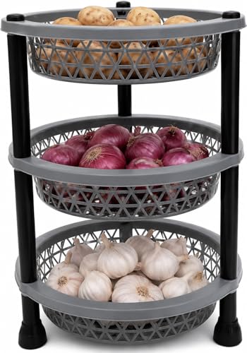 Image of 3 Layer Round Plastic Vegetable Storage Rack, Multipurpose Kitchen Organiser Stand for Vegetables and Fruits Trolley, Random Colour