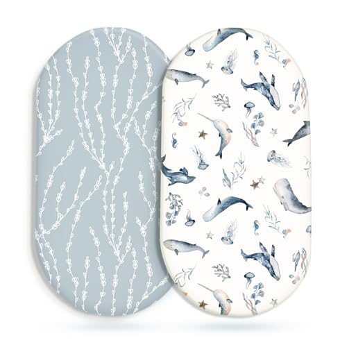 Image of GRSSDER Stretchy Ultra Soft Fitted Bassinet Sheet Set 2 Pack, Universal Fit for Bassinets Baby Cradle Moses Basket Oval Rectangle Mattress Safe and Snug, Sea Fish Print