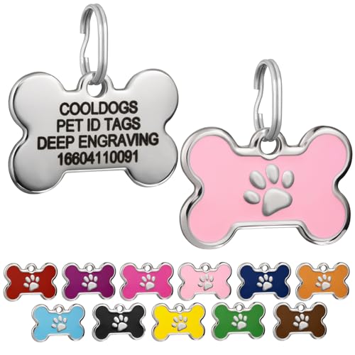 CoolDogs Stainless Steel Enamel Pet ID Tags for Dogs and Cats, Personalized Dog Tags, Cat Tags, Dog Name Tag, Cat Name Tag with Custom Engraved ID on The Back Side (Pink, Small)
