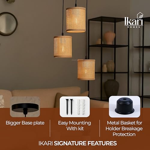 Image of Ikari Homes Rattan Chandelier 3 in1 Pendant Light, Natural Beige, Boho Style, E27 Base, Chandelier for Living Room I Dining I Bedroom I Balcony I Adjustable Wire - (Bulbs not Included) (SQ Mesh)