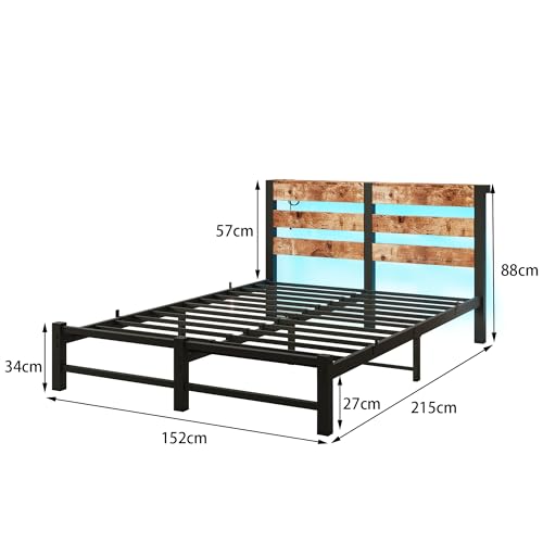 QUCENAK King Size Bed Frame with USB Charging Station,Queen Size LED Bed Frame with Wood Storage Headboard,5ft Metal Platform Bed Frame No Box Spring Needed,Easy Assembly