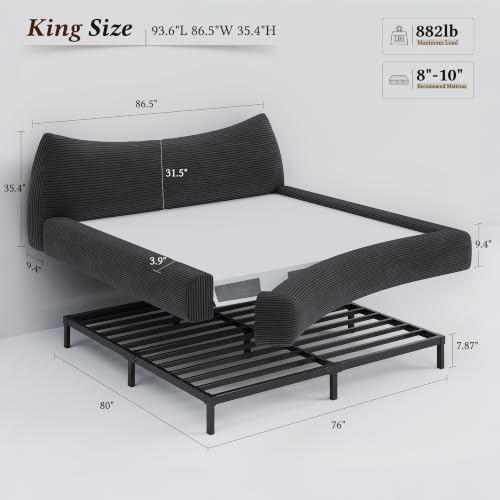 Image of Homkdom Cloud Bed Frame with Headboard,Upholstered Soft King Size Bed Frame Rounded Corner Design,Boucle Bed Frame for Modern Bedrooms Apartments, Guest Rooms,Black