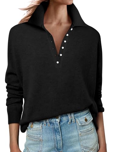 ANRABESS Womens Long Sleeve Polo Sweaters Knit Button Shirt Lightweight Dressy Casual Basic Pullover Tops 2025 Fall Fashion