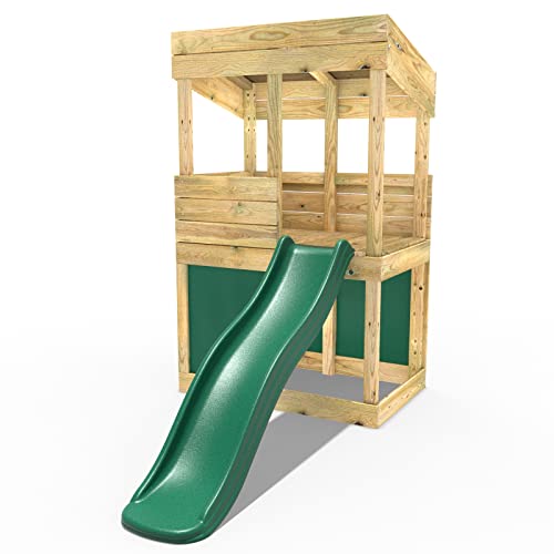 Rebo® Children's Wooden Lookout Tower Playhouse with 6ft Slide | OutdoorToys | Lookout Tower, Slide and Secret Den - Pressure Treated Timber - Perfect for Gardens