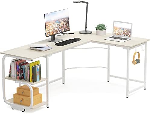 Merronix L Shaped Desk with Storage Shelves, Reversible Corner Computer Desk for Home Office, Modern Gaming L Desk with Spacious Desktop, Beige