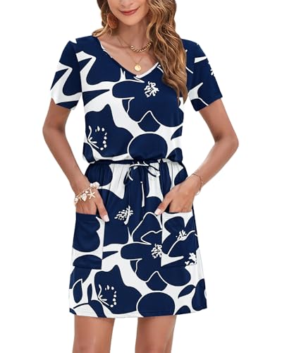 Image of AUSELILY Womens Summer Dresses 2026 Causal Short Sleeve V Neck Tie Front Mini Short Dress with Pockets
