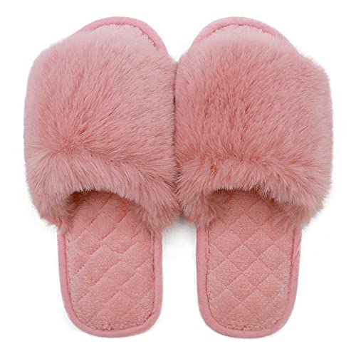 Slippers for Women, Cozy Memory Foam Open Toe House Womens Slippers Shoes Soft Comfy Flat Slide Anti-Slip Fuzzy Furry Faux Fur Sandals for Indoor Outdoor