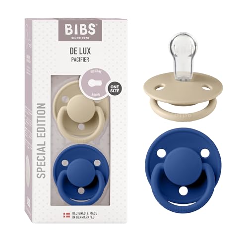 BIBS Pacifiers OneSize | 2-Pack Soothers | BPA-Free Symmetrical Nipple | Made in Denmark | Vanilla/Cornflower De Lux Pacifier