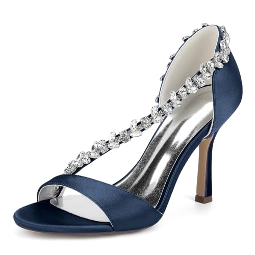 Escarpins de mariage en satin ajouré bleu marine et strass à talons aiguilles