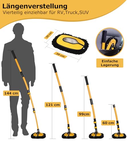 15° Bogen Autowaschbürste mit Stiel 144CM Aluminium Auto Waschbürste mit Teleskopstiel, Kratzerfreie Reinigungsbürste für Auto LKW Wohnwagen SUV Wohnmobil, Teleskop Waschbürste mit 2 Mop-Köpfen