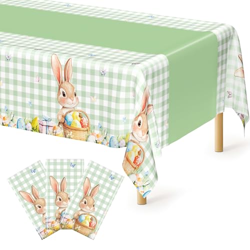 Image of QZYL 3 Pack Easter Tablecloths, 54 inch x 108 inch Disposable Easter Decorations, Sage Green Bunny Plaid Spring Tablecloth, Rectangle Plastic Easter Table Cloth with Easter Party Decorations Supplies Favors