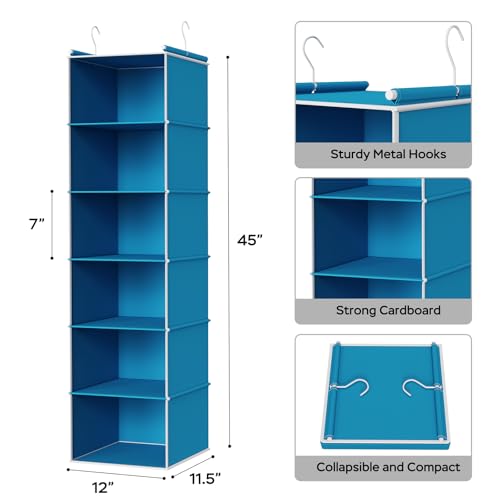 Image of MAX Houser 6-Shelf Hanging Closet Organizer, Hanging Storage Shelves with 2 Sturdy Hooks Space-Saving for Bedroom, Foldable (Blue)