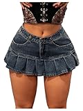 OYOANGLE Women's Pleated Denim Mini Skirt Y2K Low Waist Jean Skirts with Pockets Western Cowgirl Outfits Dark Wash Medium