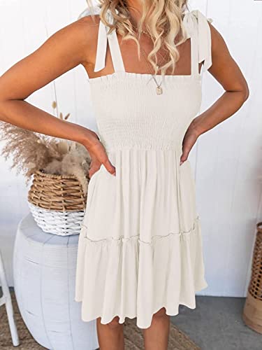 Zesica Women's 2023 Summer Spaghetti Strap Sleeveless Square Neck Ruffle A Line Swing Mini Dress,Ivory,Medium #TOP1