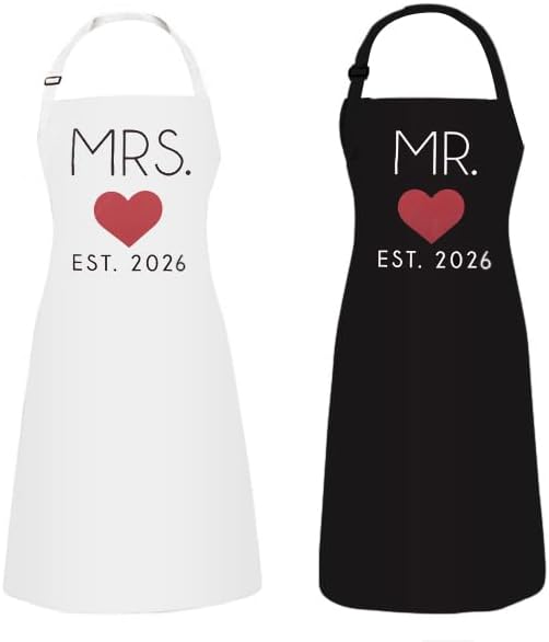 GSM Brands Mr. and Mrs. 2026 Couples Kitchen Aprons (2-Piece Set) Cute, Funny Cooking Bibs for Wedding Marriage Newlyweds