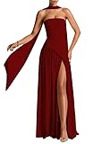 PUXIU Light Burgundy Satin Strapless Bridesmaid Scarf Dresses for Wedding Halter Prom Dress for Women 2025 Ruched Long Formal Gown with Scarf 0
