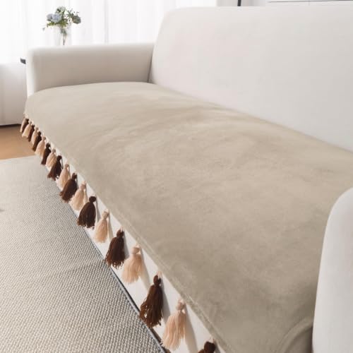 Image of HOKIPO Premium Holland Velvet Sofa Cover with Tassel for 1 /2 /3 Seater & L Shape Sofa | Make Your Own Set, 'TasselTone Series' Sofa Mat, 70(W) x 90(L) cm, Sand Beige (NEW-IN-1105-BGE)