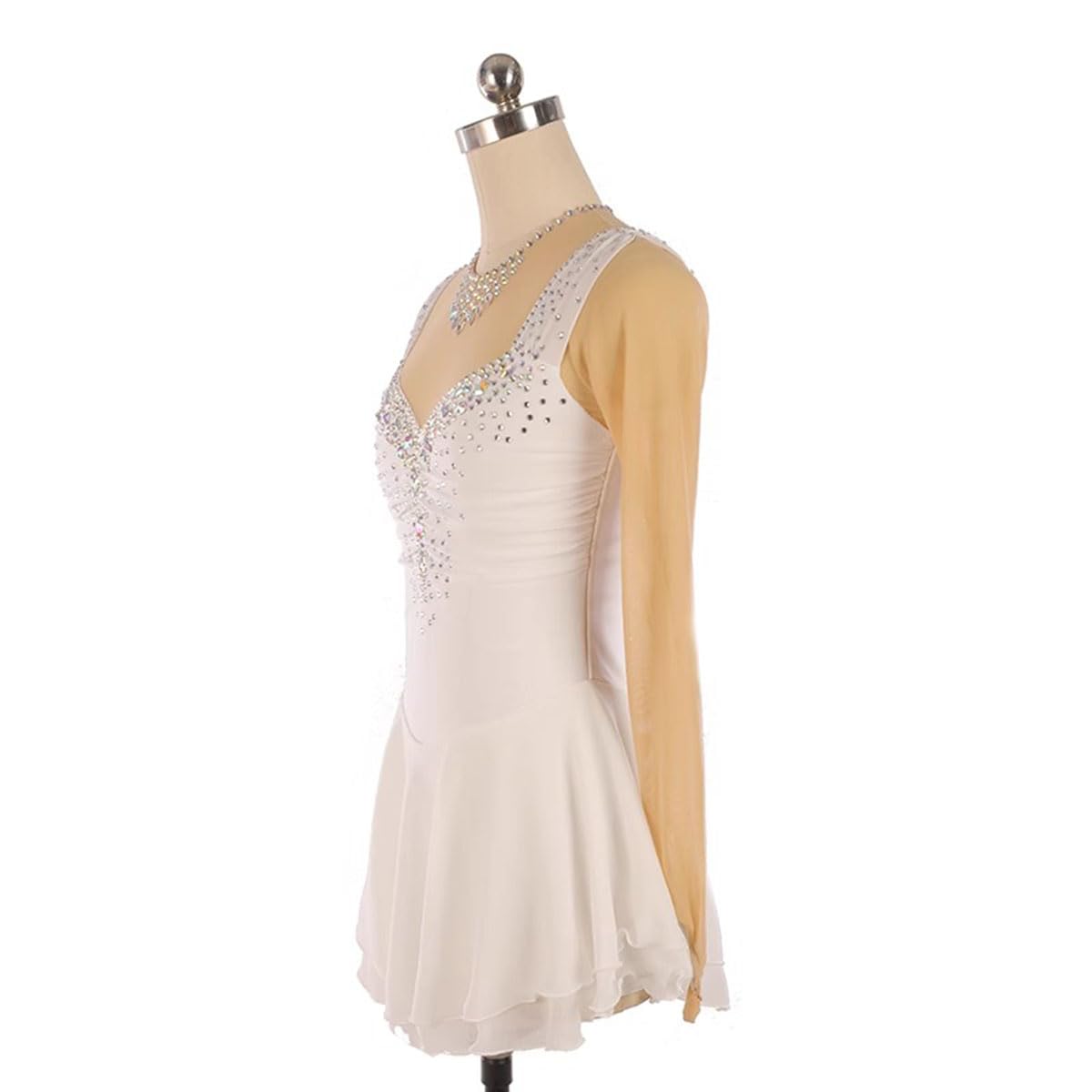 Maillot de Patinaje Artistico para Niña Manga Larga de Danza Ballet con Falda Tul Vestido con Pedrería Vestido de Danza Ballet Mujer Maillot de Gimnasia con Manga Larga,Blanca,M
