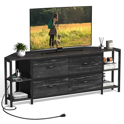 Image of EXOTICA Corner TV Stand for 55 inch TV with Drawer & Power Outlet, Black