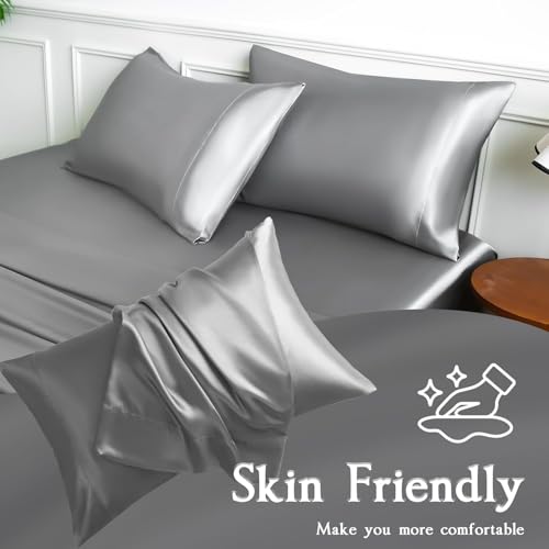 Image of Craftelio Satin Pillow Covers Set of 2 with 3 Free Random Color Hair Scrunchies - Anti-Frizz, Skin-Friendly, Soft & Durable Pillowcase Set for All Hair Types (Gray)