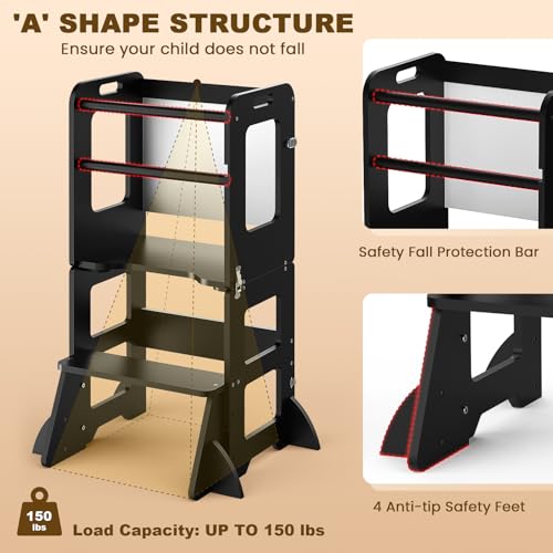 Image of Woodure 4-in-1 Toddler Kitchen Step Stool, Learning Standing Tower with Whiteboard, Wooden Kitchen Stool Helper for Kids, 1-3 Year Old Boy Girl Gifts-Black