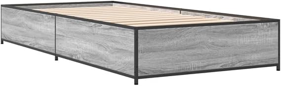 Single Bed Frame 100x200 cm Grey Sonoma Engineered Wood & Metal Legs with Plywood Slats Easy Assembly Modern Bedroom Furniture for Kids Guest Room or Loft