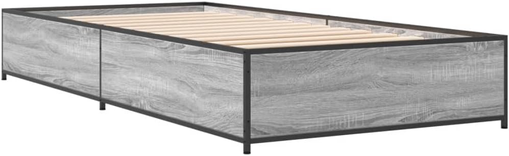 Single Bed Frame 100x200 cm Grey Sonoma Engineered Wood & Metal Legs with Plywood Slats Easy Assembly Modern Bedroom Furniture for Kids Guest Room or Loft