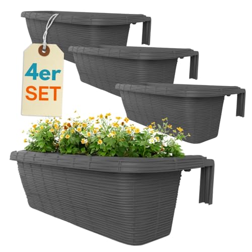 GarPet 4er Set Blumenkasten Balkongeländer Balkon Blumenkasten Balkonkasten mit Halterung Geländerkasten mit Wasserspeicher Rattan Optik Anthrazit 60 cm