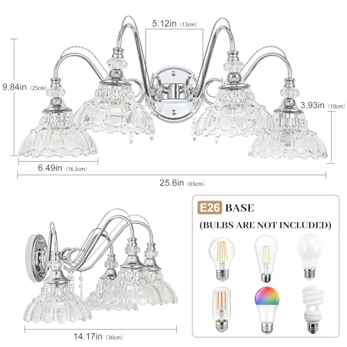 Image of Brushed Chrome Bathroom Vanity Light, 4-Light Chrome Finish Wall Sconce with Hanging Crystal Accents and Flower-Shaped Clear Glass Shades, Modern Wall Mount Vanity Light Over Mirror for Bathroom