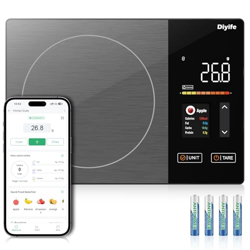 Smart Nutrition Bilancia alimentare con display TFT da 2 pollici, bilancia da cucina Diyife con calcolatrice nutrizionale, calorie, grassi, carboidrati, monitoraggio proteine, precarico 50 alimenti