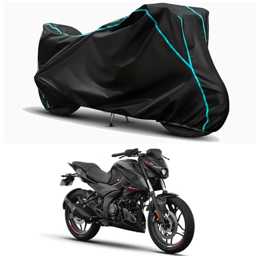 Image of Waterproof Bike Body Cover Compatible for | Bajaj Pulsar N250 ABS | Taffeta Fabric, Sky Piping Design, Bottom Elastic Fit | Dustproof, Sun UV & Rain Protection for All Weather.