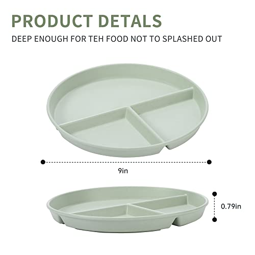 9" Unbreakable Divided Dinner Plate / 5 Wheat Straw Plastic Round Dinner Plates / Colorful Reusable 3 Compartment Dinner Plate / Microwave & Dishwasher Safe, Bpa Free, Child/Adult Separate Plates #TOP4