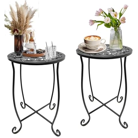 Fashion&cool Outdoor Side Tables for Small Space, 2 Pack Patio Side Table, Weather Resistant Metal Small Round Outdoor Side Table for Patio Yard Porch Balcony Garden Bedside, Plant Stand Cover
