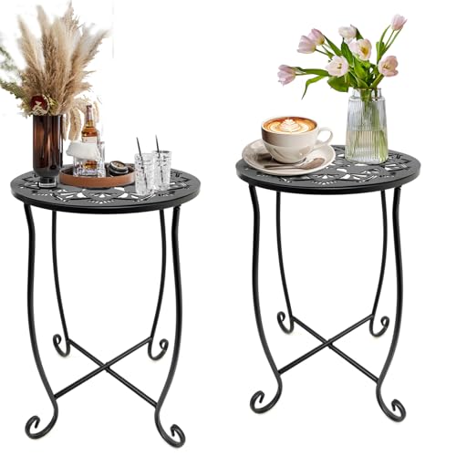 Fashion&cool Outdoor Side Tables for Small Space, 2 Pack Patio Side Table, Weather Resistant Metal Small Round Outdoor Side Table for Patio Yard Porch Balcony Garden Bedside, Plant Stand