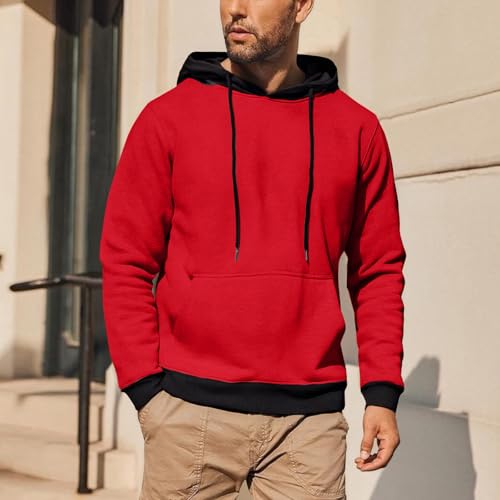 Mens Fall Winter Hoodies Trendy Patchwork Pullover Fleece Color Block Long Sleeve Sweatshirts Casual Tops with Pocket2