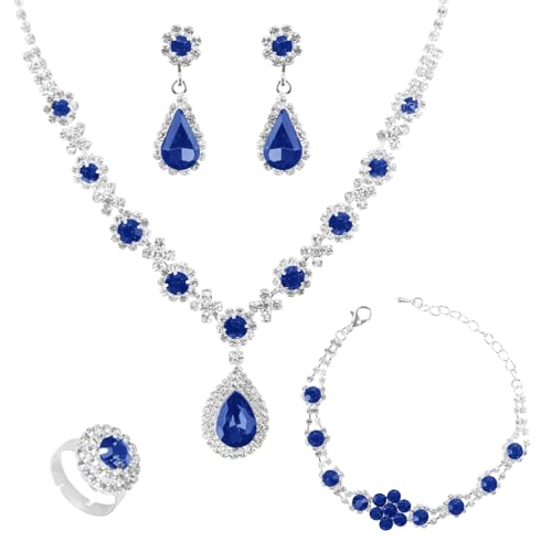 LjFrexia Parure Bijoux Femme, 4 Pièces Ensemble Goutte d'eau Cubique Zircone Collier, Bracelets, Boucles d'Oreilles et Bague, Ensemble de Bijoux de Mariée, pour Fête und Mariage, Bleu