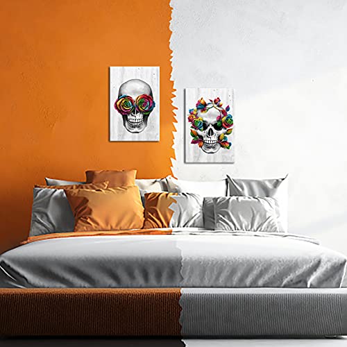 Klvos Skull Wall Art Modern Roses Flower Picture Prints On Canvas Abstract Skeleton Paintings Medical Giclee Print Art For Bedroom Hospital Medical Wall Decor 16X24Inchx2Pcs #TOP2