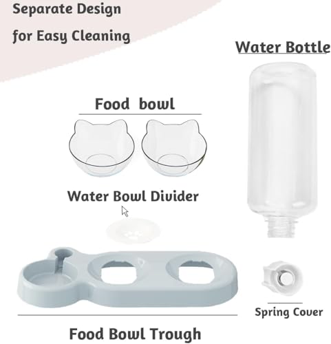 3-in-1 Katzen Futternapf Set, Doppelnapf mit Wasserspender, Futternapf Futterschüssel für Katzen und Kleine Hunde(Grauer Boden, transparente Schale)